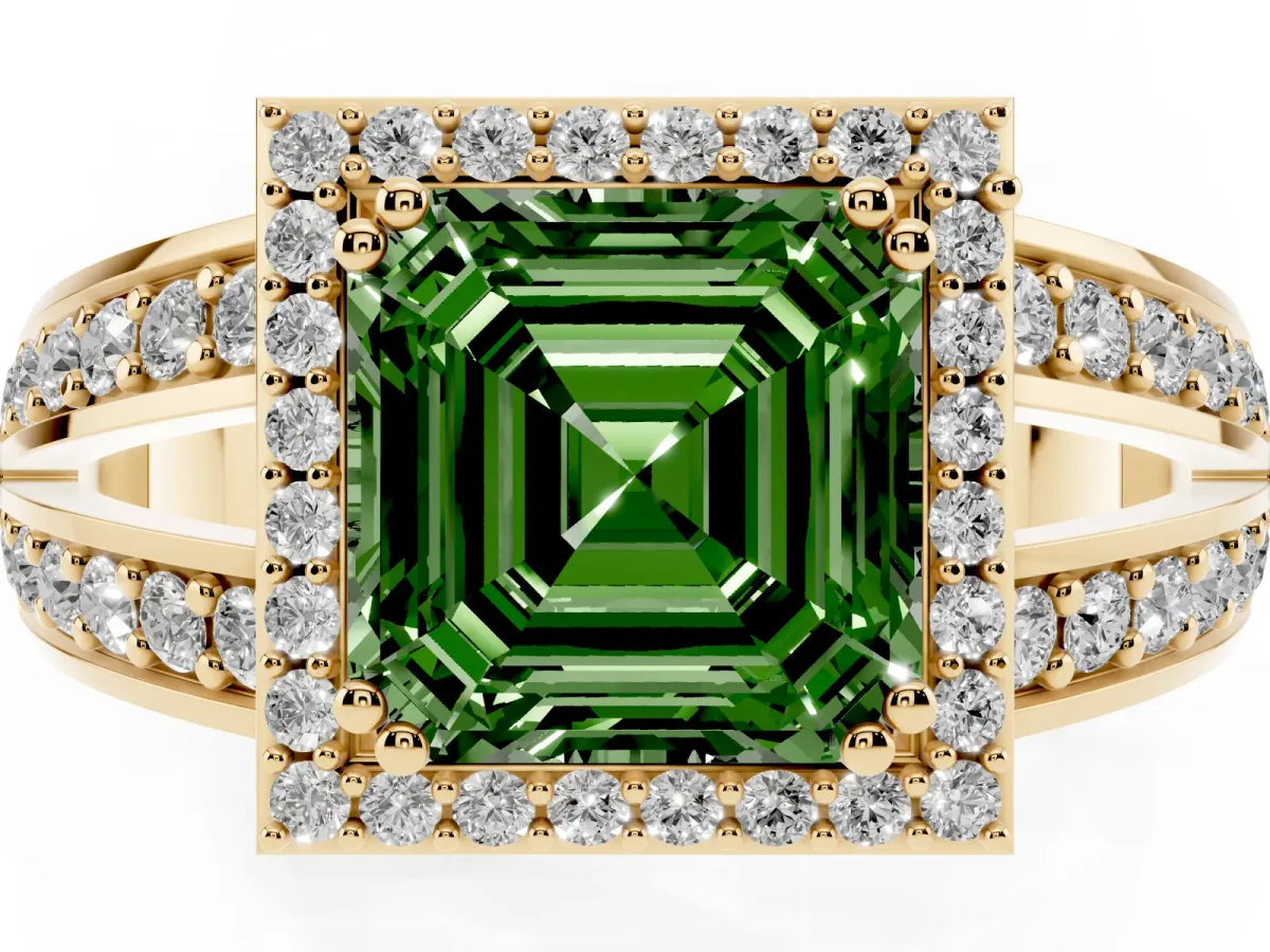 Fancy Green Asscher Cut Diamond Halo Ring with Split Shank Pavé Band and Four-Prong Setting Yellow gold