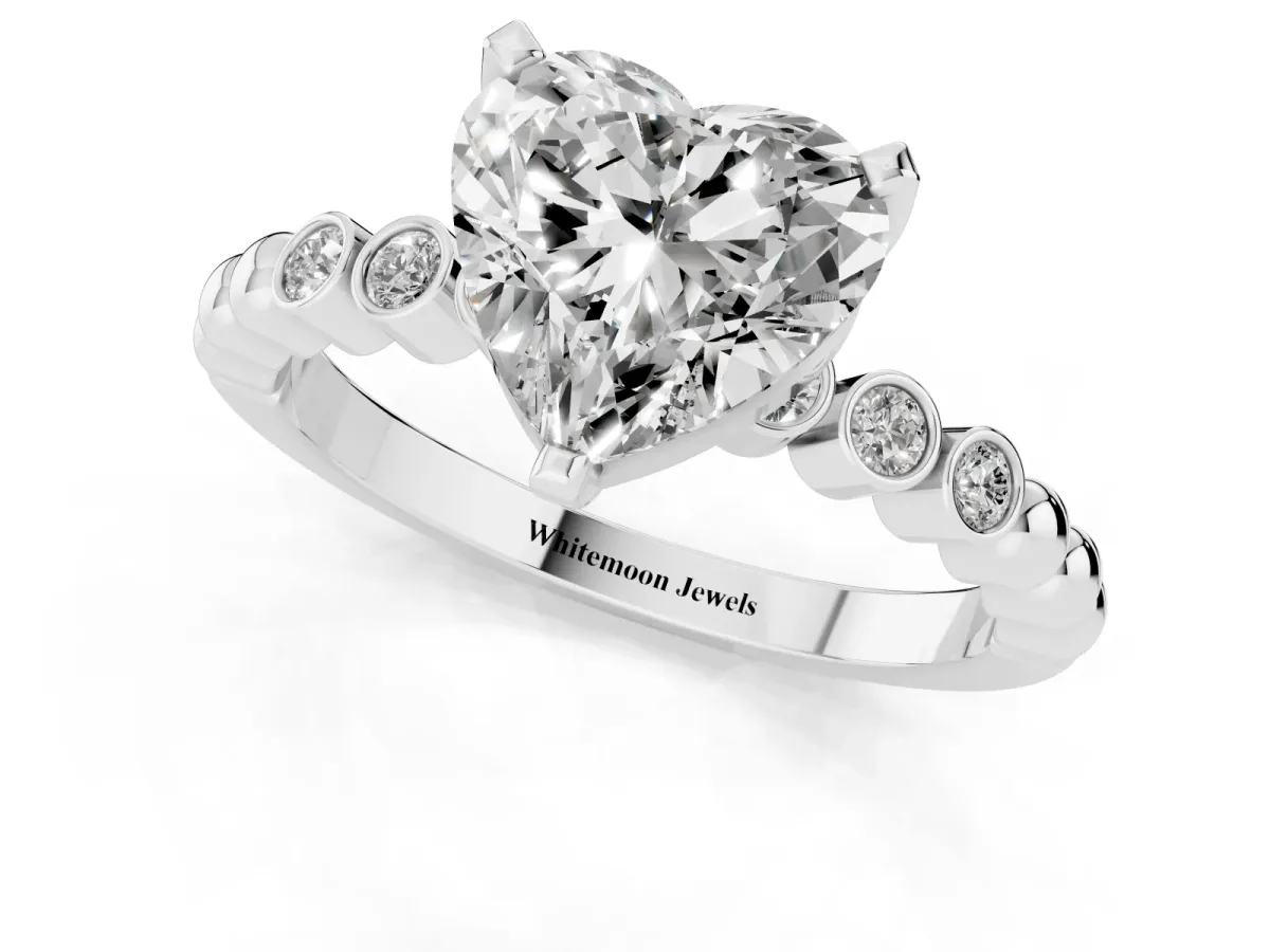 Heart Cut Solitaire Bezel Accent Diamond Engagement Ring with Beaded Band and Four-Prong Setting Silver