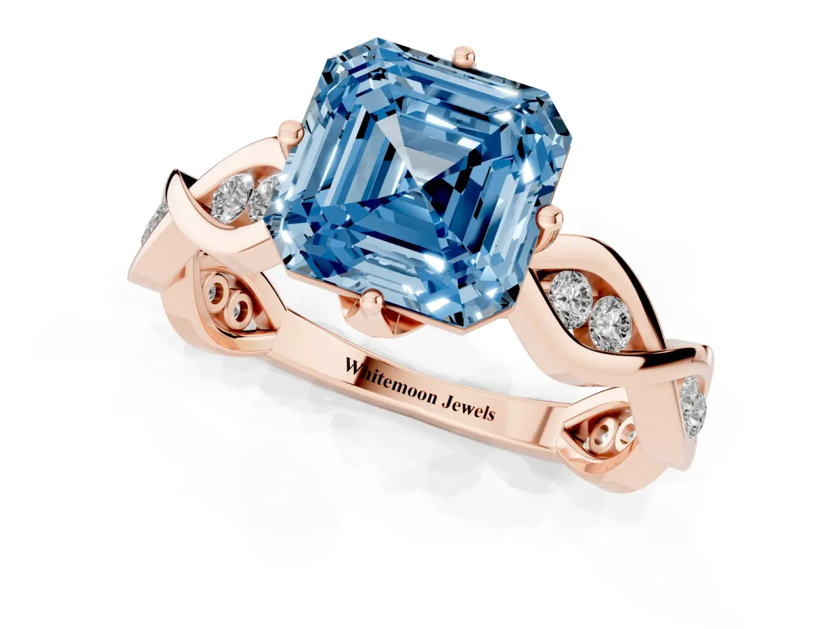 Fancy Blue Asscher Cut Solitaire Twist Band with Leaf Prong Setting Rose gold