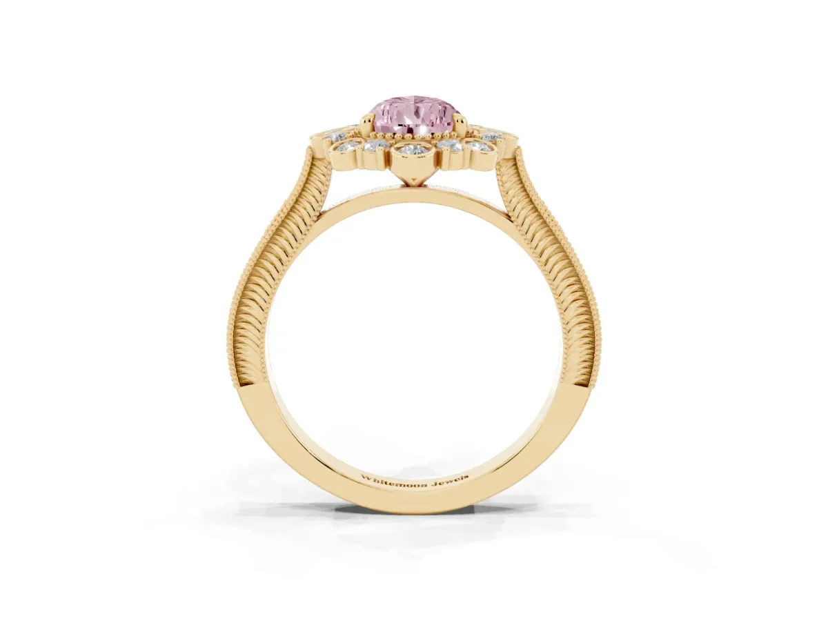 Fancy Pink Pear Cut Halo Milgrain Pave Diamond Ring with Four-Prong Setting Yellow gold