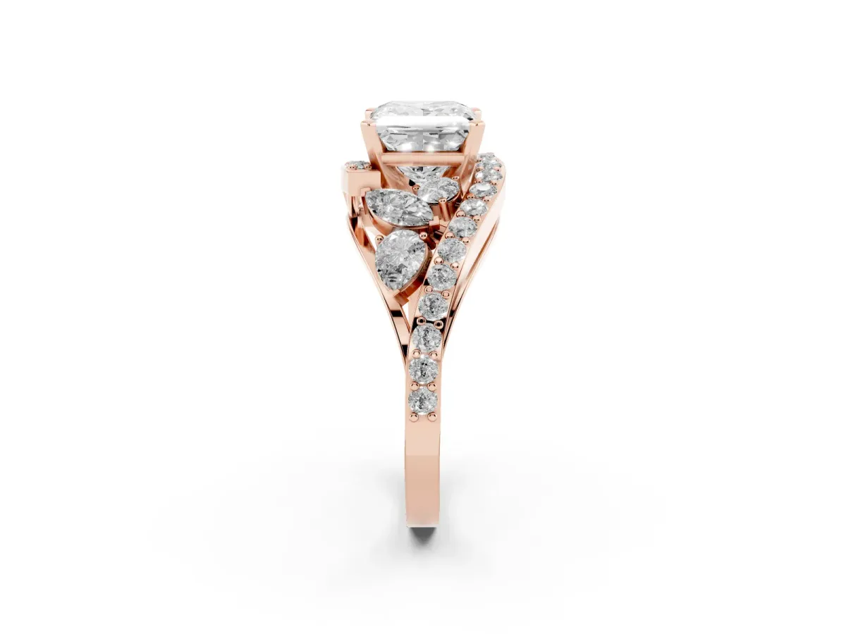 Princess Cut Diamond Halo Ring with Marquise and Pavé Band in Prong Setting Rose gold