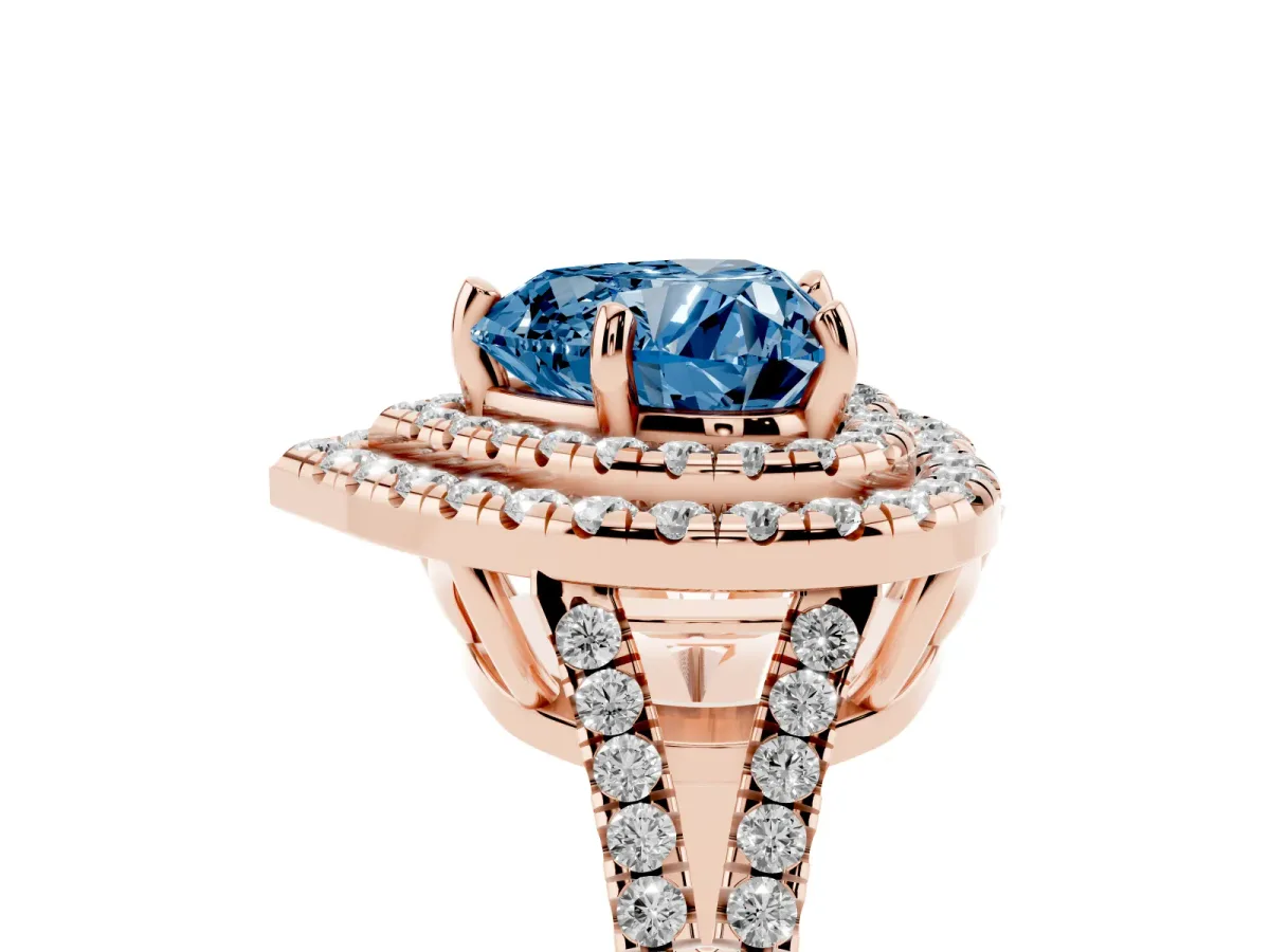 Fancy Blue Heart Cut Diamond Double Halo Ring with Pavé Band and Prong Setting Rose gold