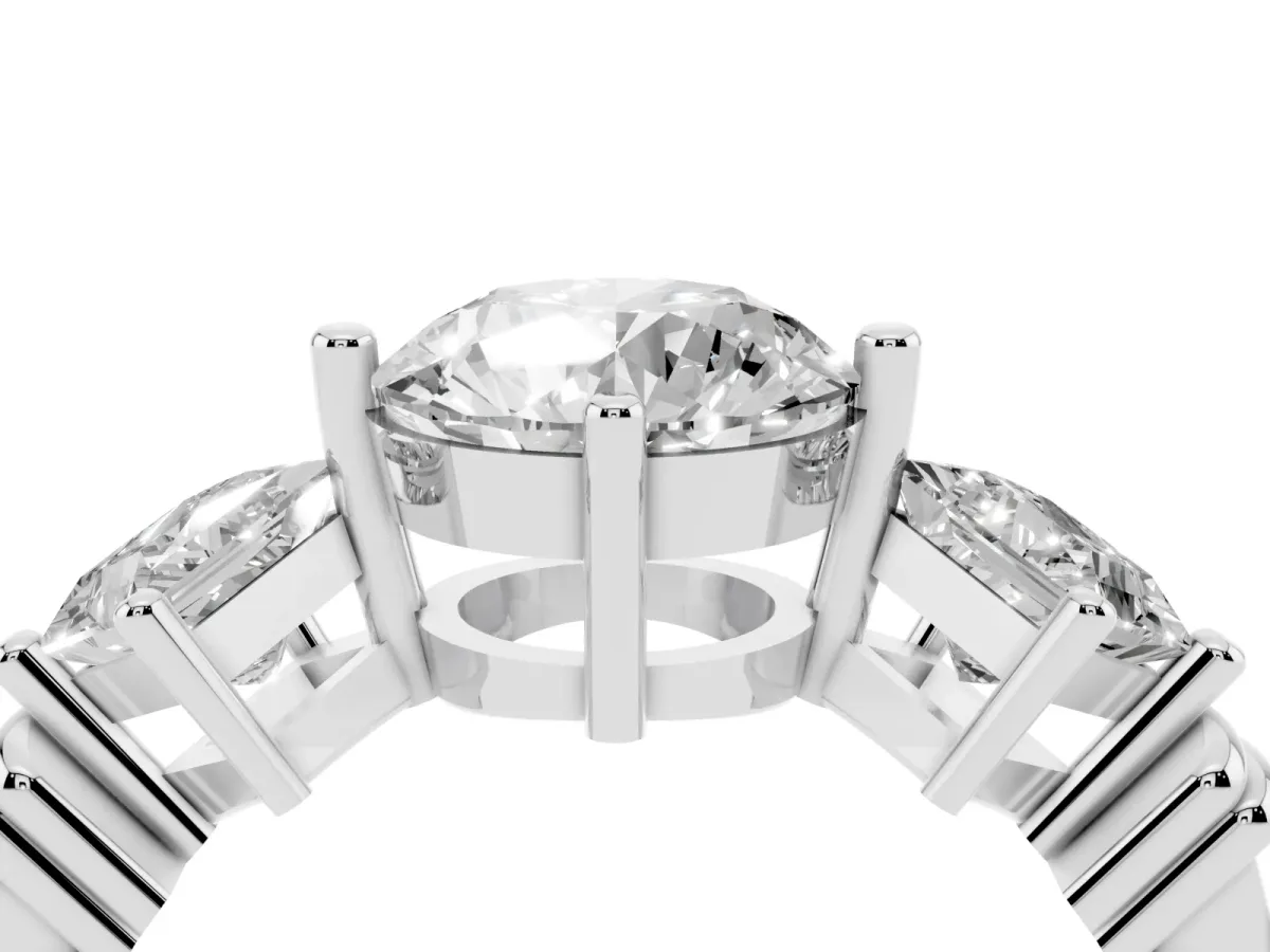 Three-Stone Round Cut and Princess Cut Diamond Ring with Channel Band and Four-Prong Setting White gold
