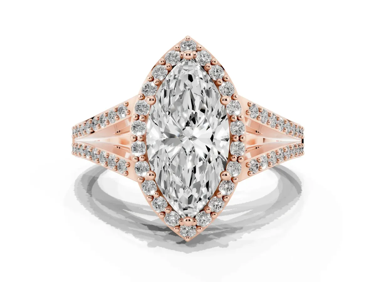Marquise Cut Halo Split Shank Diamond Ring with Prong Setting Rose gold