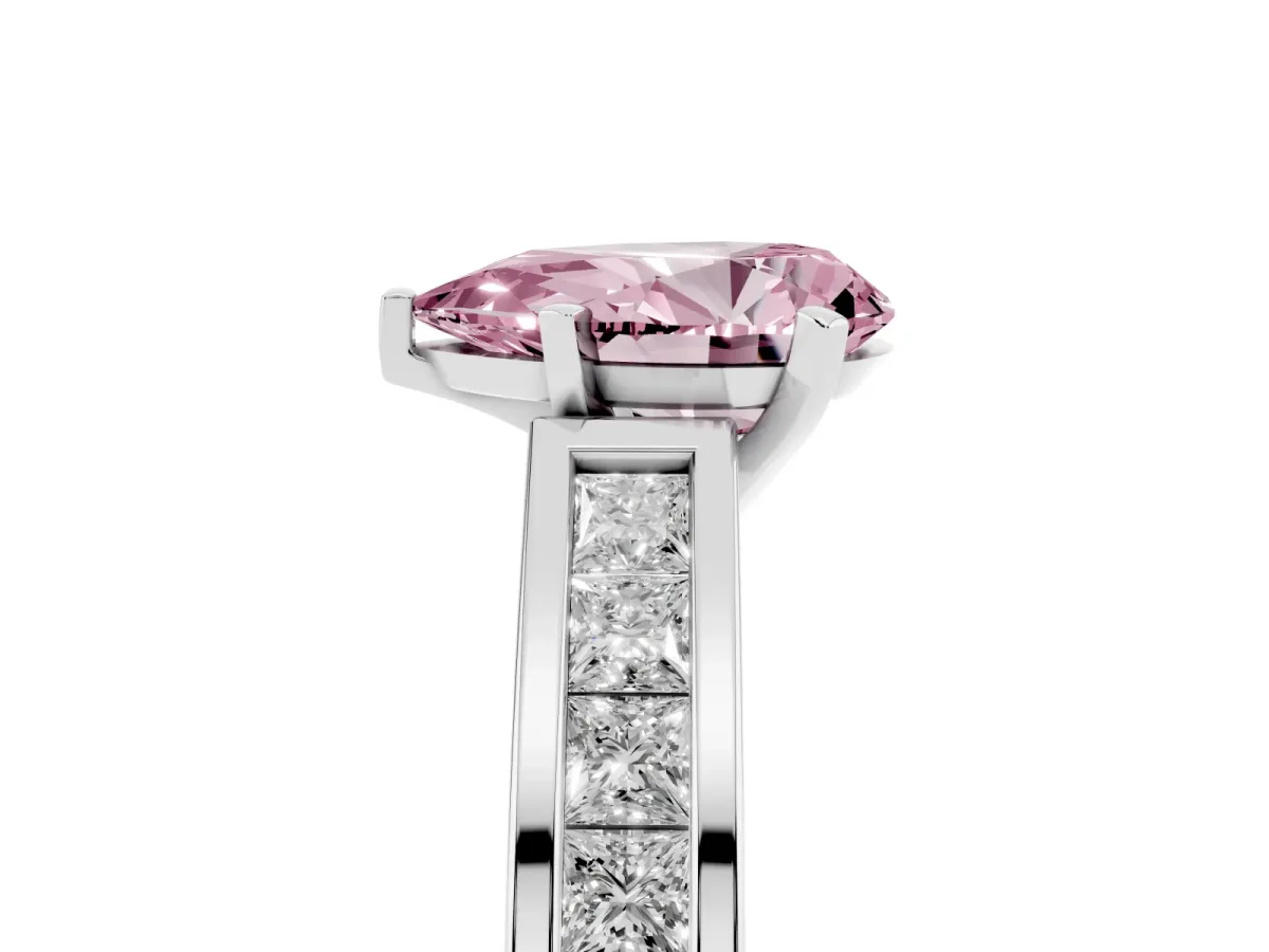 Fancy Pink Pear Cut Solitaire Diamond Ring with Channel-Set Band and Four-Prong Setting Silver