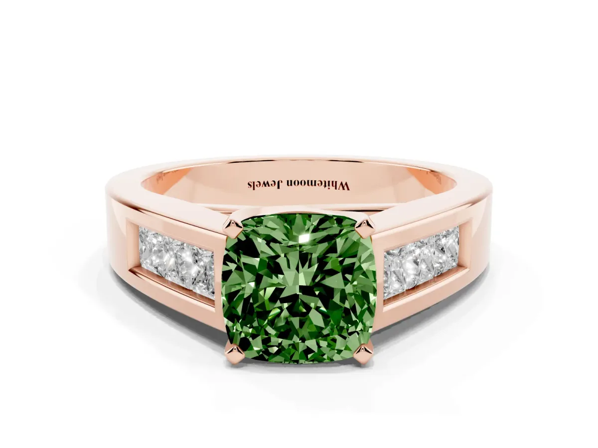 Fancy Green Cushion Cut Cut Channel Set Solitaire Ring with Four-Prong Setting Rose gold