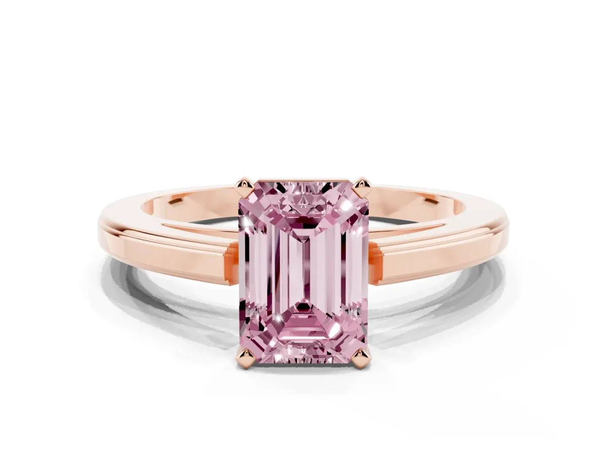 Fancy Pink Emerald Cut Solitaire Diamond Ring with Four-Prong Setting and Classic Band Rose gold