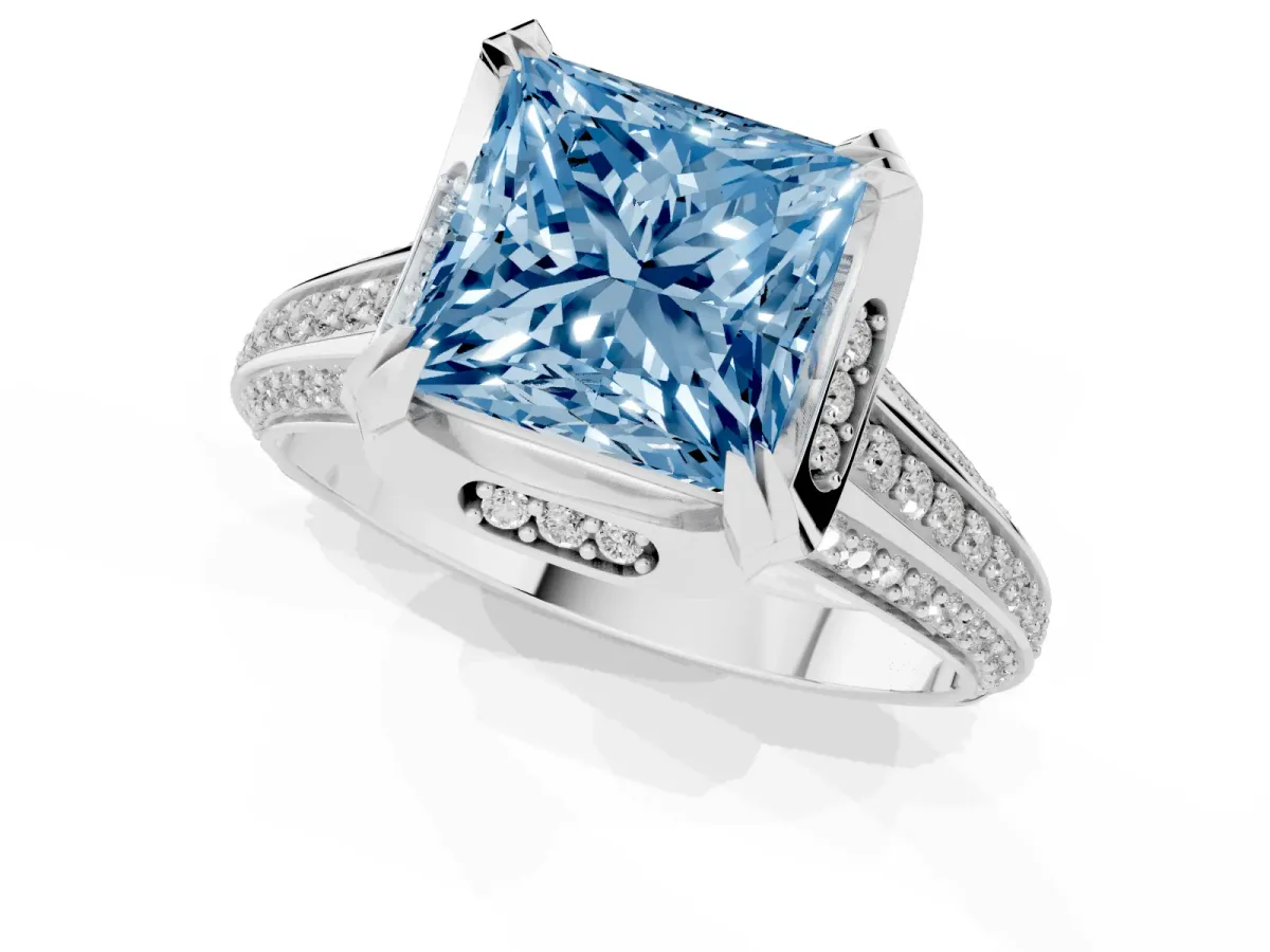 Fancy Blue Princess Cut Solitaire Pave Split Shank Ring with Four-Prong Setting White gold