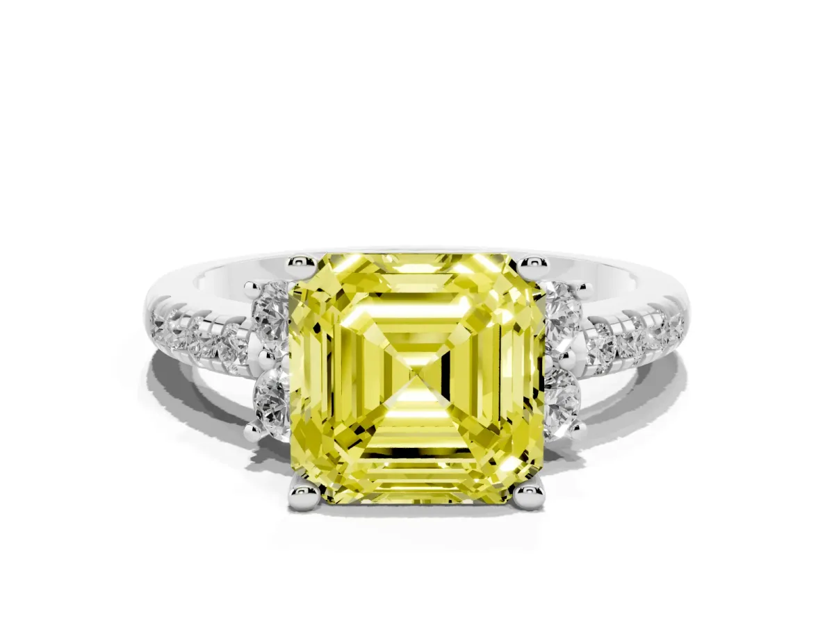 Fancy Yellow Asscher Cut Diamond Three-Stone Pave Band with Four-Prong Setting Silver