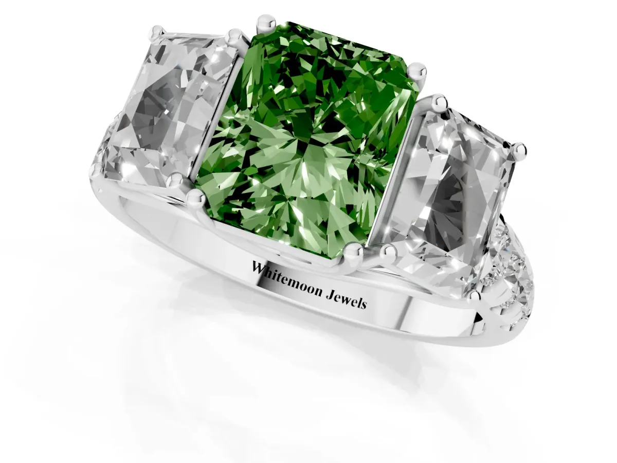 Fancy Green Three-Stone Radiant Cut Diamond Pavé Band with Prong Setting Silver
