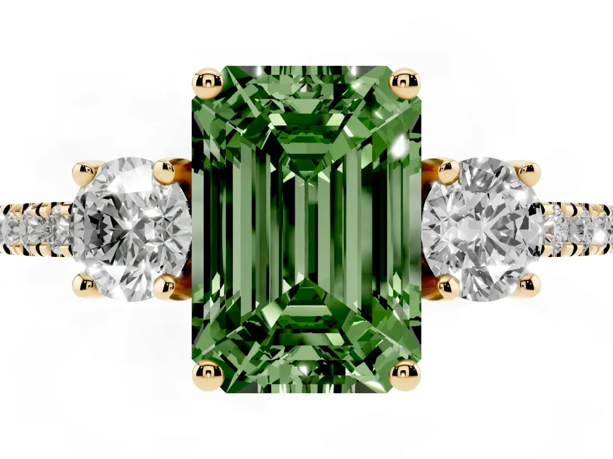 Fancy Green Three-Stone Emerald Cut Cut Diamond Pavé Band with Prong Setting Yellow gold