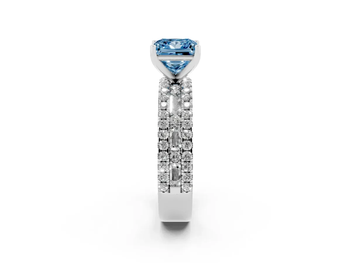 Fancy Blue Princess Cut Diamond Solitaire Ring with Pavé and Channel Set Band Silver