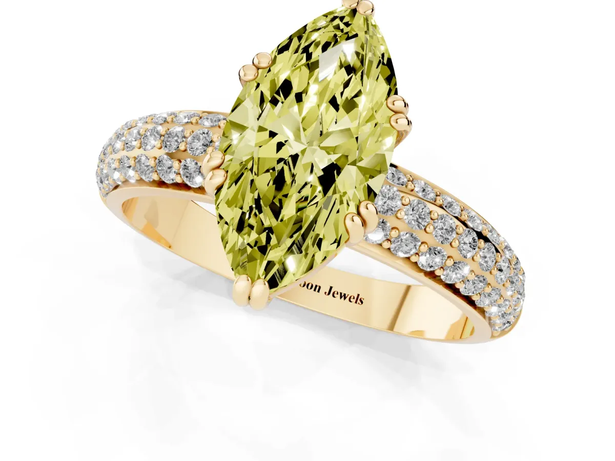 Fancy Yellow Marquise Cut Diamond Solitaire Ring with Multi-Row Round Pavé Band and Prong Setting Yellow gold