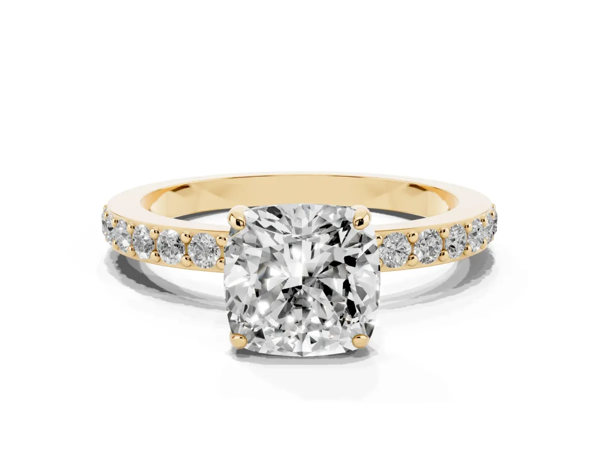Cushion Cut Diamond Solitaire Engagement Ring with Pavé Band and Four-Prong Setting Yellow gold