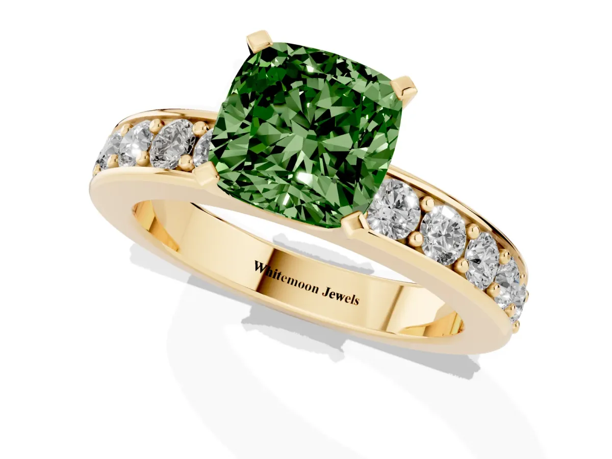 Fancy Green Cushion Cut Diamond Engagement Ring with Channel Set Round Band and Prong Setting Yellow gold