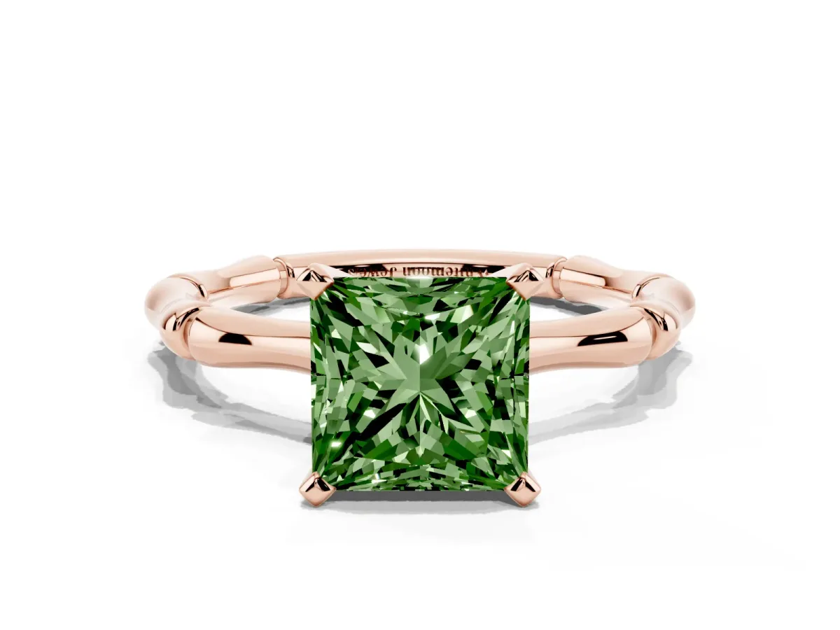 Fancy Green Princess Cut Solitaire Diamond Ring with Bamboo Band and Four-Prong Setting Rose gold