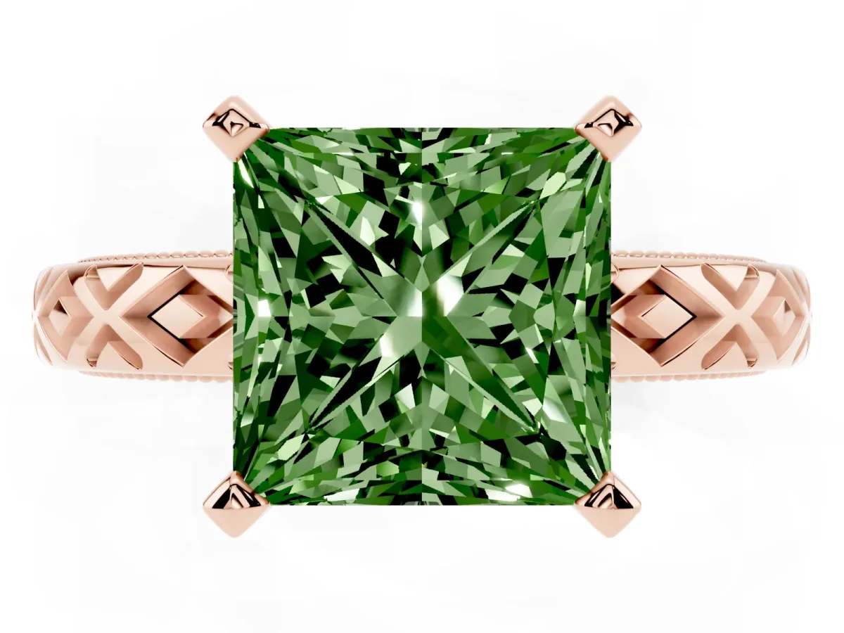 Fancy Green Princess Cut Solitaire Diamond Ring with Milgrain and Black Enamel X Pattern Band Rose gold