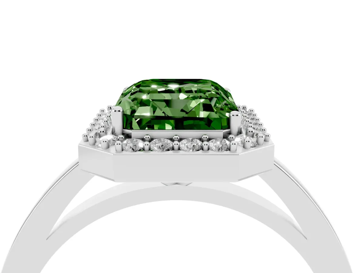 Fancy Green Radiant Cut Halo Diamond Ring with Solitaire Band and Prong Setting White gold