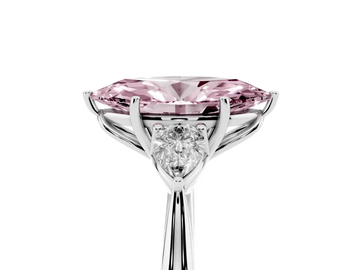 Fancy Pink Three-Stone Marquise Cut Diamond Ring with Pear Side Stones in Four-Prong Setting Silver
