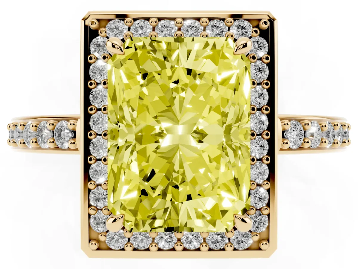 Fancy Yellow Radiant Cut Halo Pave Band Solitaire Ring with Prong Setting Yellow gold