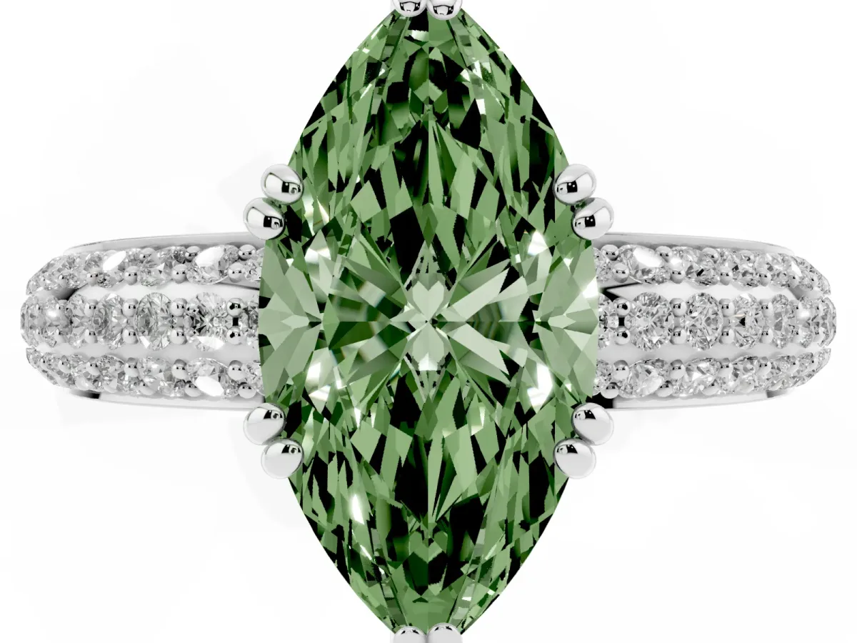 Fancy Green Marquise Cut Diamond Solitaire Ring with Multi-Row Round Pavé Band and Prong Setting Platinum