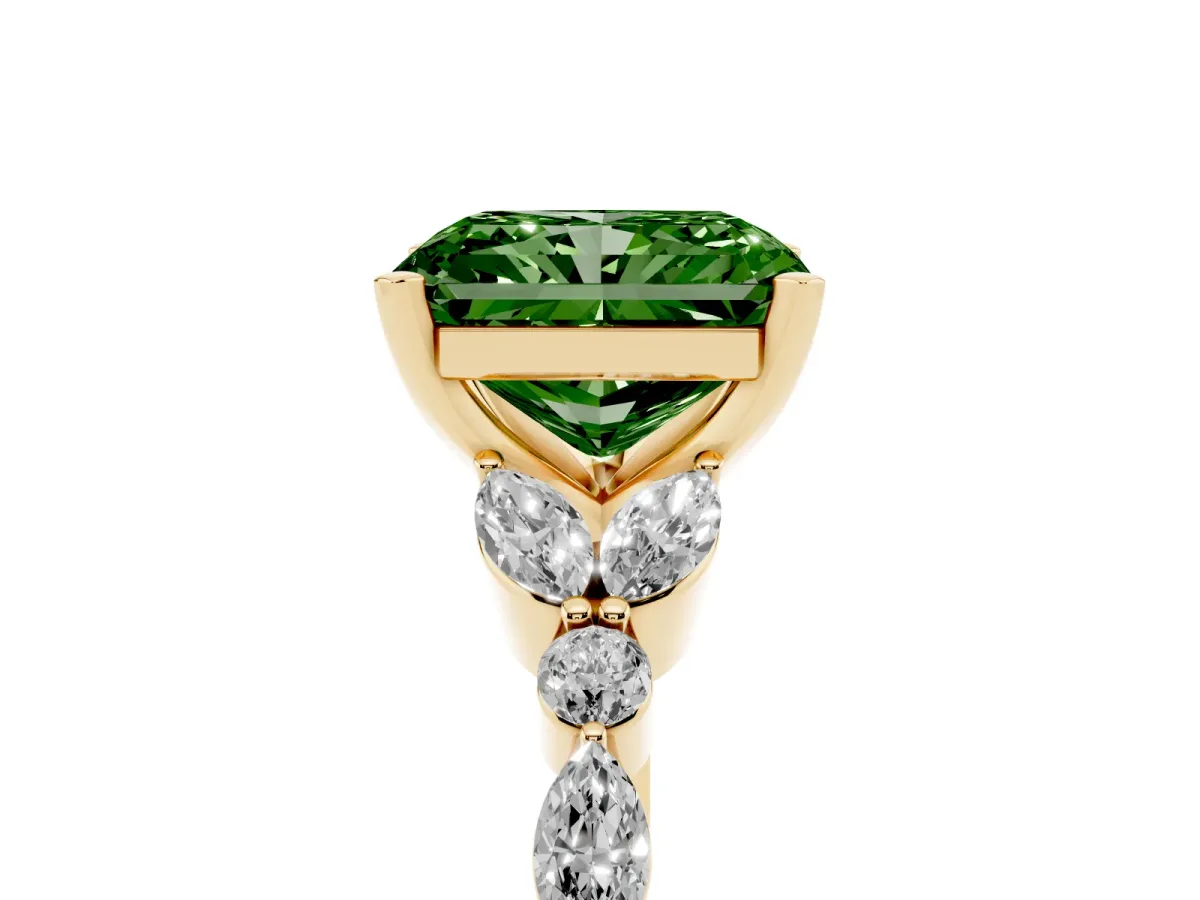 Fancy Green Radiant Cut Diamond Solitaire Ring with Side Stones and Four-Prong Setting Yellow gold