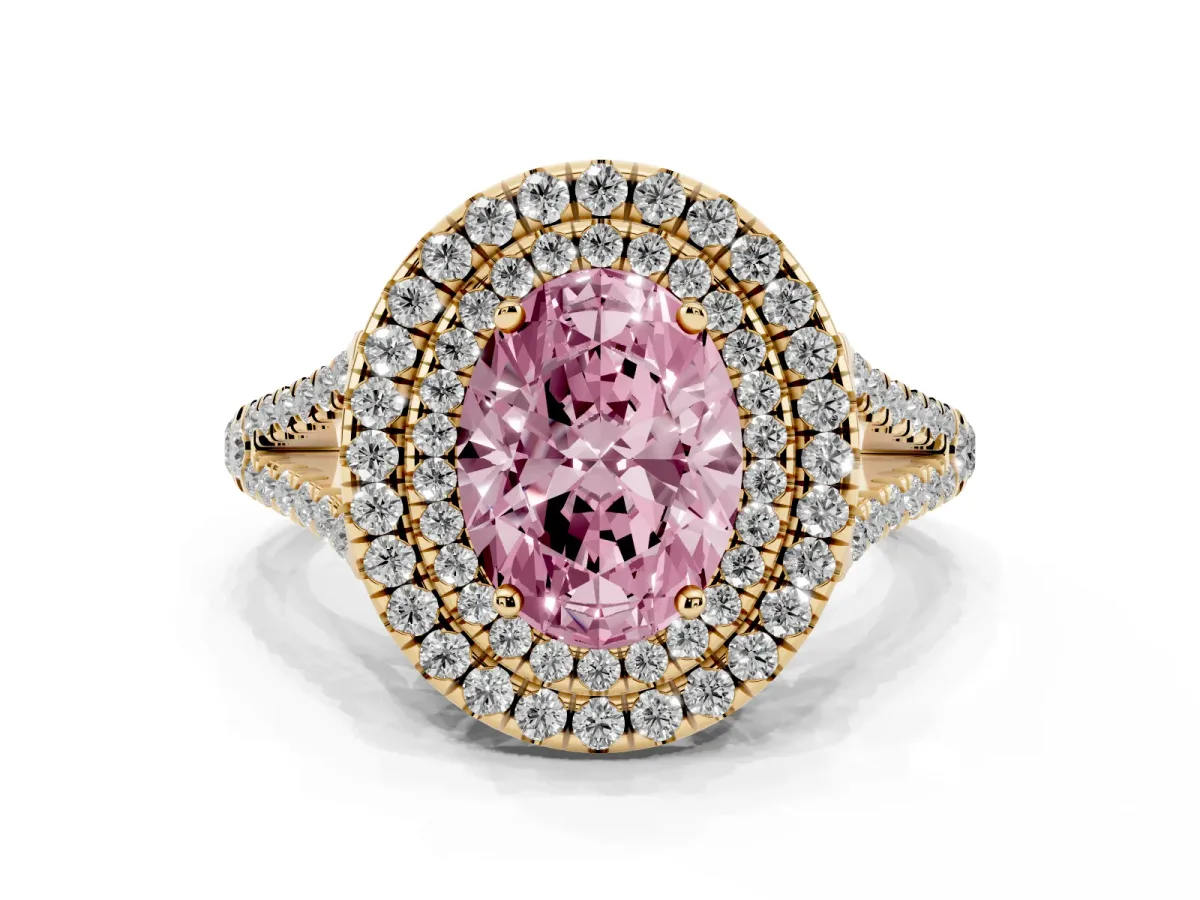Fancy Pink Oval Cut Diamond Double Halo Ring with Pavé Band and Prong Setting Yellow gold