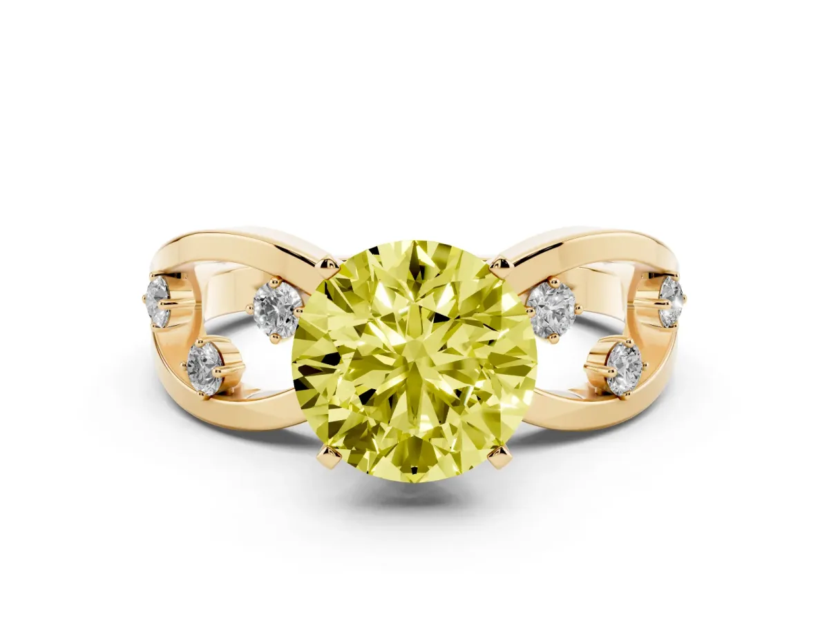 Fancy Yellow Round Cut Cut Solitaire Diamond with Side Stones on Criss-Cross Band and Four-Prong Setting Yellow gold