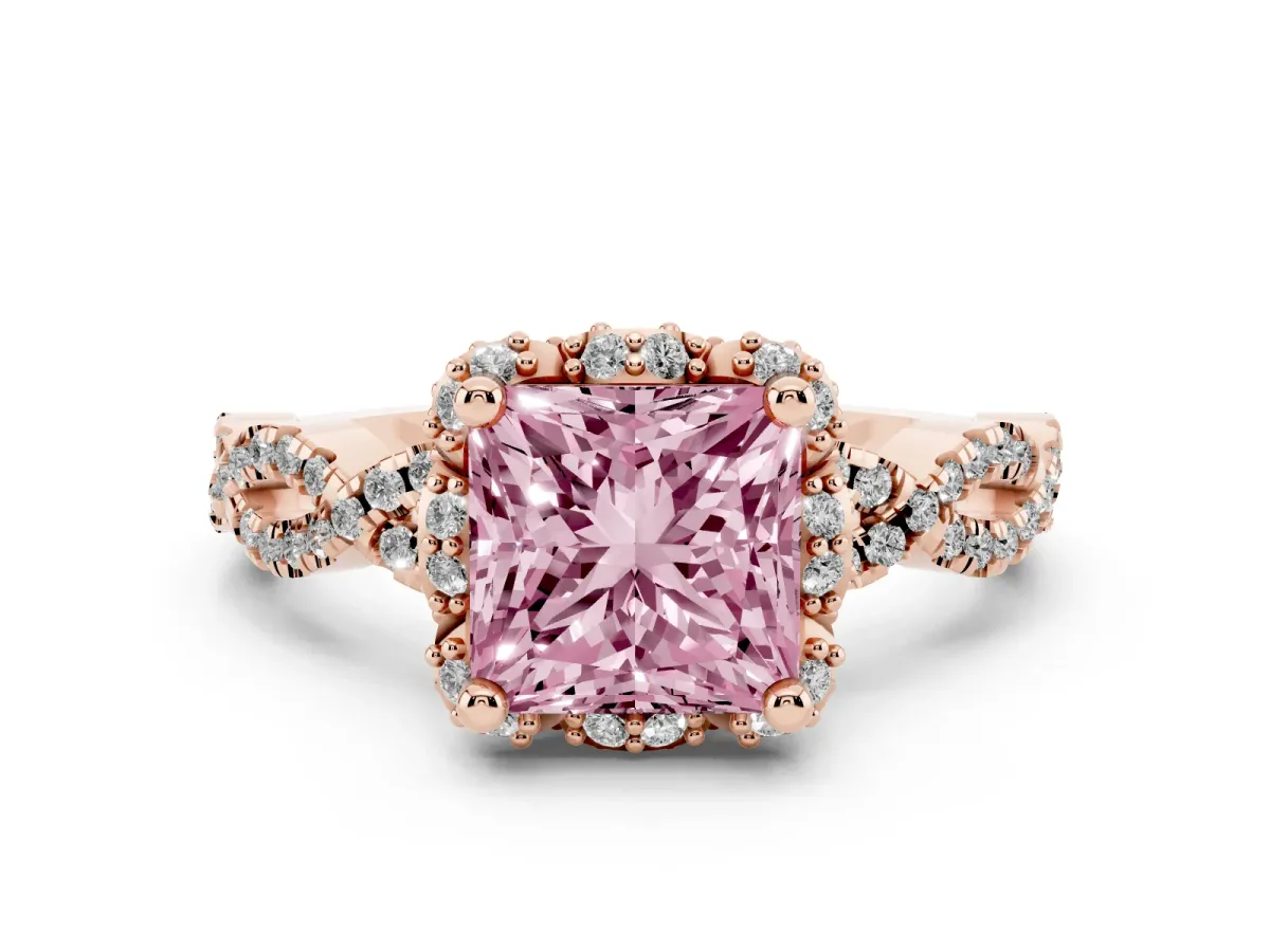 Fancy Pink Princess Cut Halo Twist Band Solitaire Ring with Six-Prong Setting Rose gold