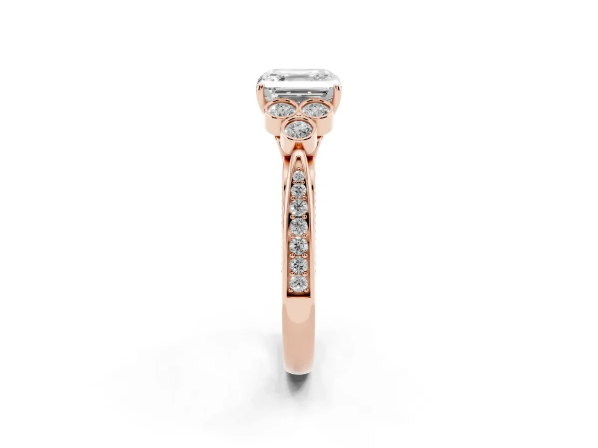 Asscher Cut Cut Diamond Engagement Ring with Bezel Set Round Side Stones and Prong Setting Rose gold