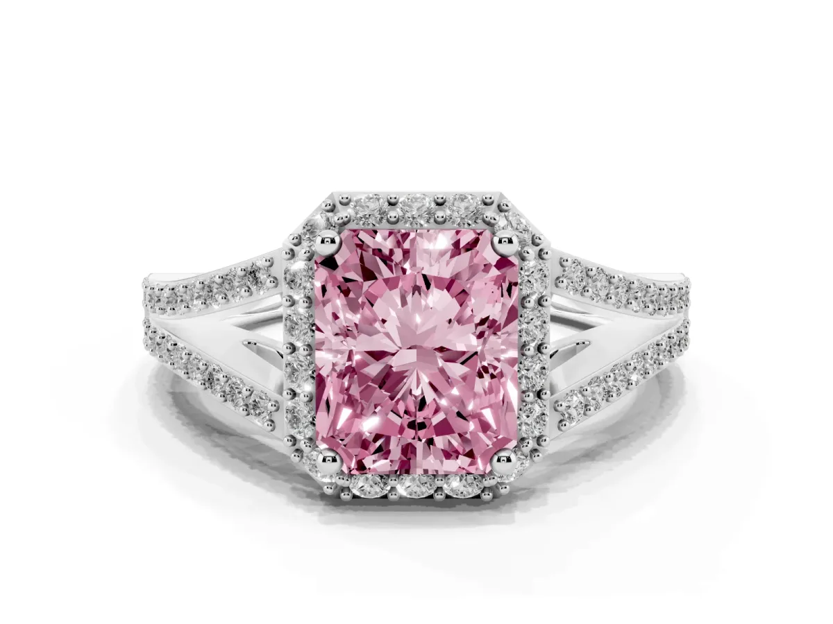 Fancy Pink Radiant Cut Halo Split Shank Pave Diamond Ring with Four-Prong Setting Silver