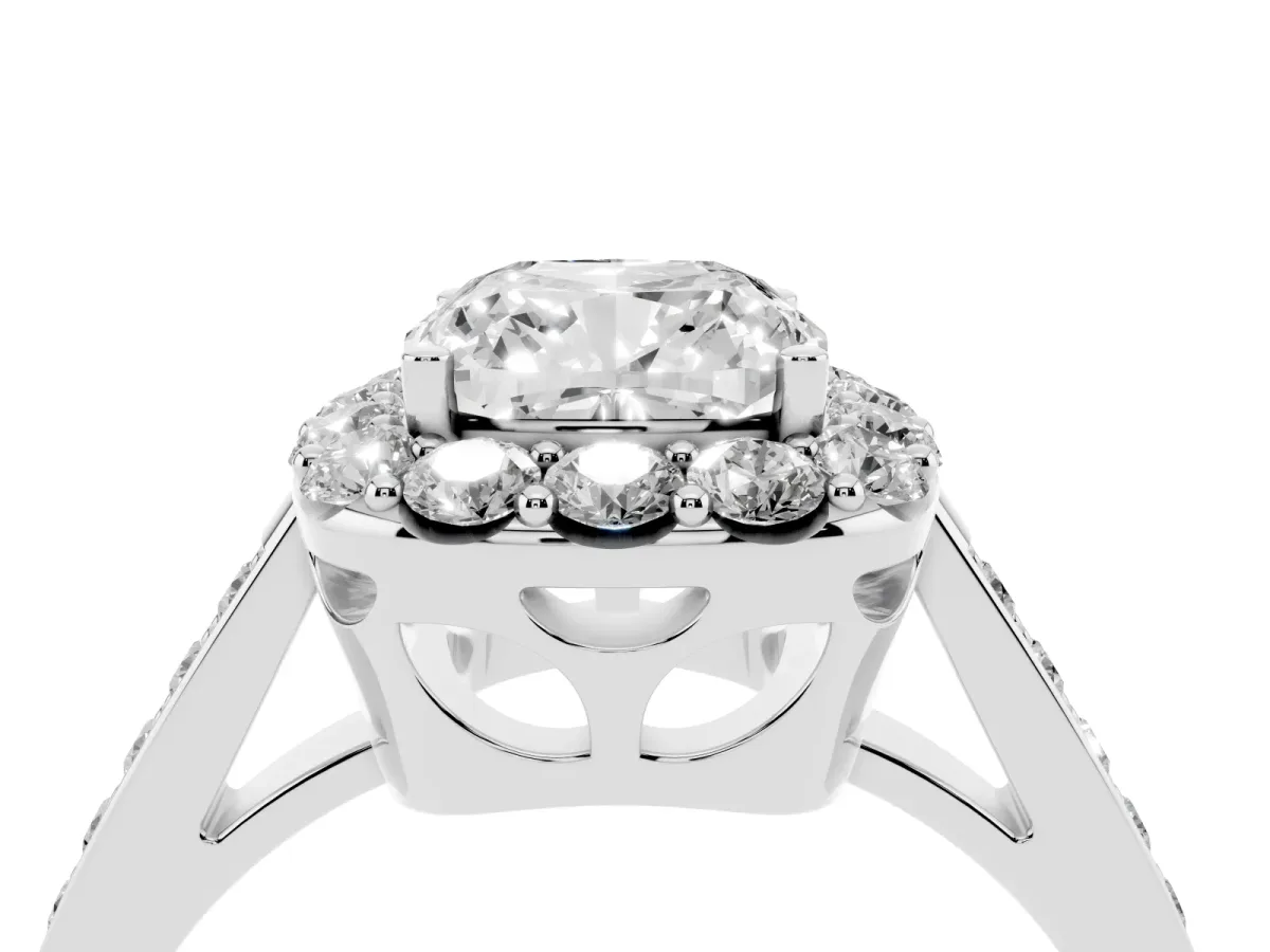 Cushion Cut Diamond Floral Halo Ring with Pavé Band and Prong Setting Platinum