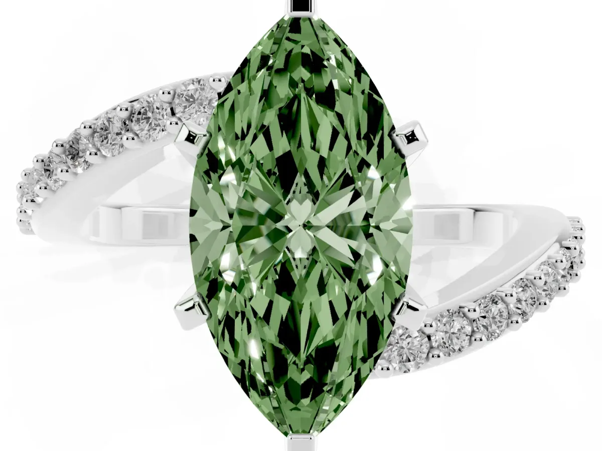 Fancy Green Marquise Cut Solitaire Twist Band with Pave Set Diamonds and Four-Prong Setting White gold