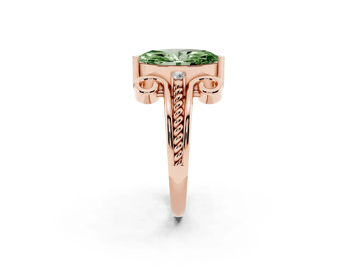 Fancy Green Marquise Cut Solitaire Twisted Band Scroll Prong Ring Rose gold