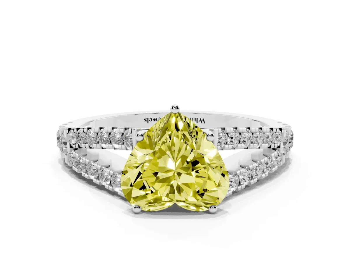 Fancy Yellow Heart Cut Diamond Split Shank Engagement Ring with Round Pavé and Prong Setting Silver
