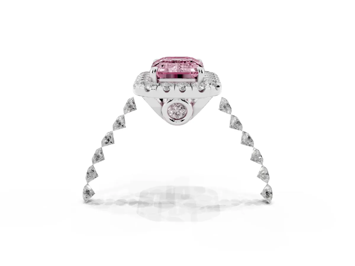 Fancy Pink Emerald Cut Halo Pavé Diamond Engagement Ring with Four-Prong Setting Silver