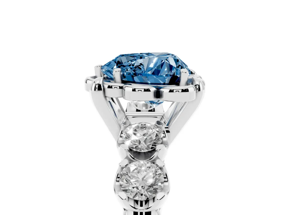 Fancy Blue Heart Cut Cut Diamond Floral Halo Engagement Ring with Shared Prong Setting Silver