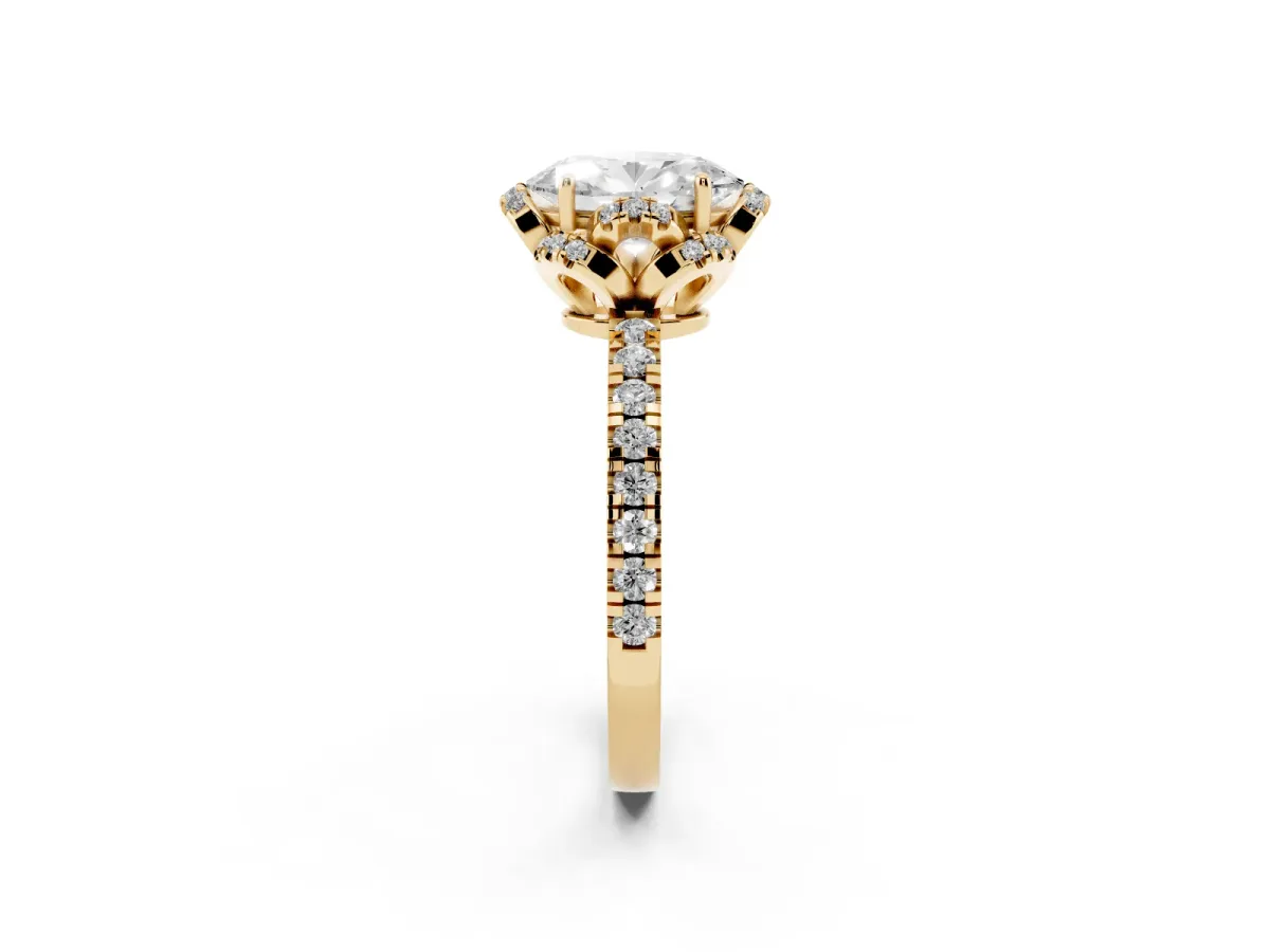 Oval Cut Halo Diamond Pave Band Ring with Four-Prong Setting Yellow gold