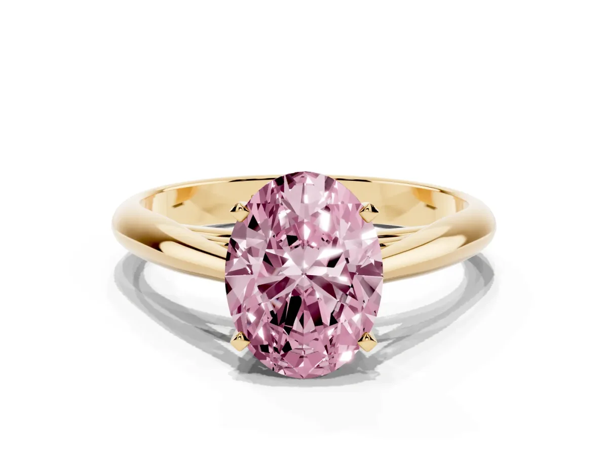 Fancy Pink Oval Cut Diamond Solitaire Engagement Ring with Cathedral Setting and Four-Prong Mount Yellow gold