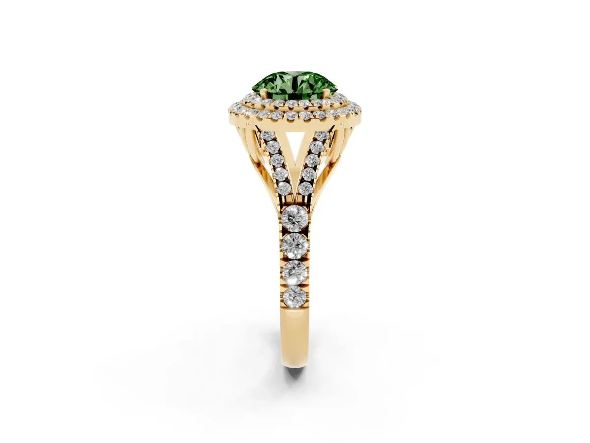 Fancy Green Round Cut Diamond Double Halo Ring with Split Shank and Prong Setting Yellow gold