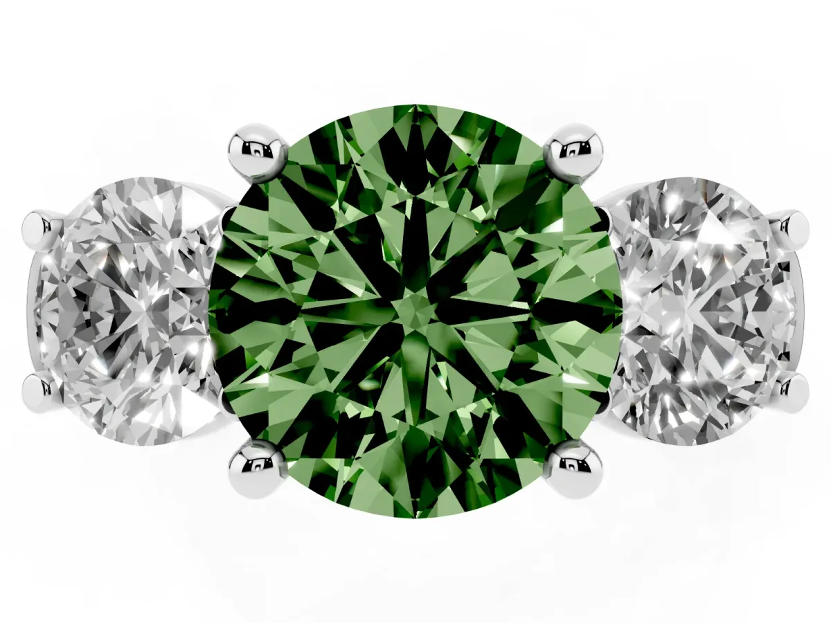 Fancy Green Three-Stone Round Cut Brilliant Diamond Trellis Ring with Comfort Fit Band White gold