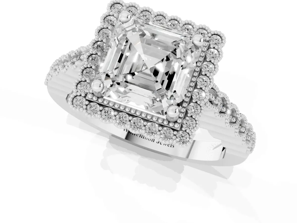 Asscher Cut Cut Halo Pavé Solitaire Ring with Milgrain Band Silver