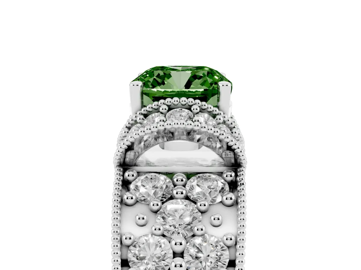 Fancy Green Cushion Cut Halo Pave Diamond Engagement Ring with Milgrain Detailing Silver