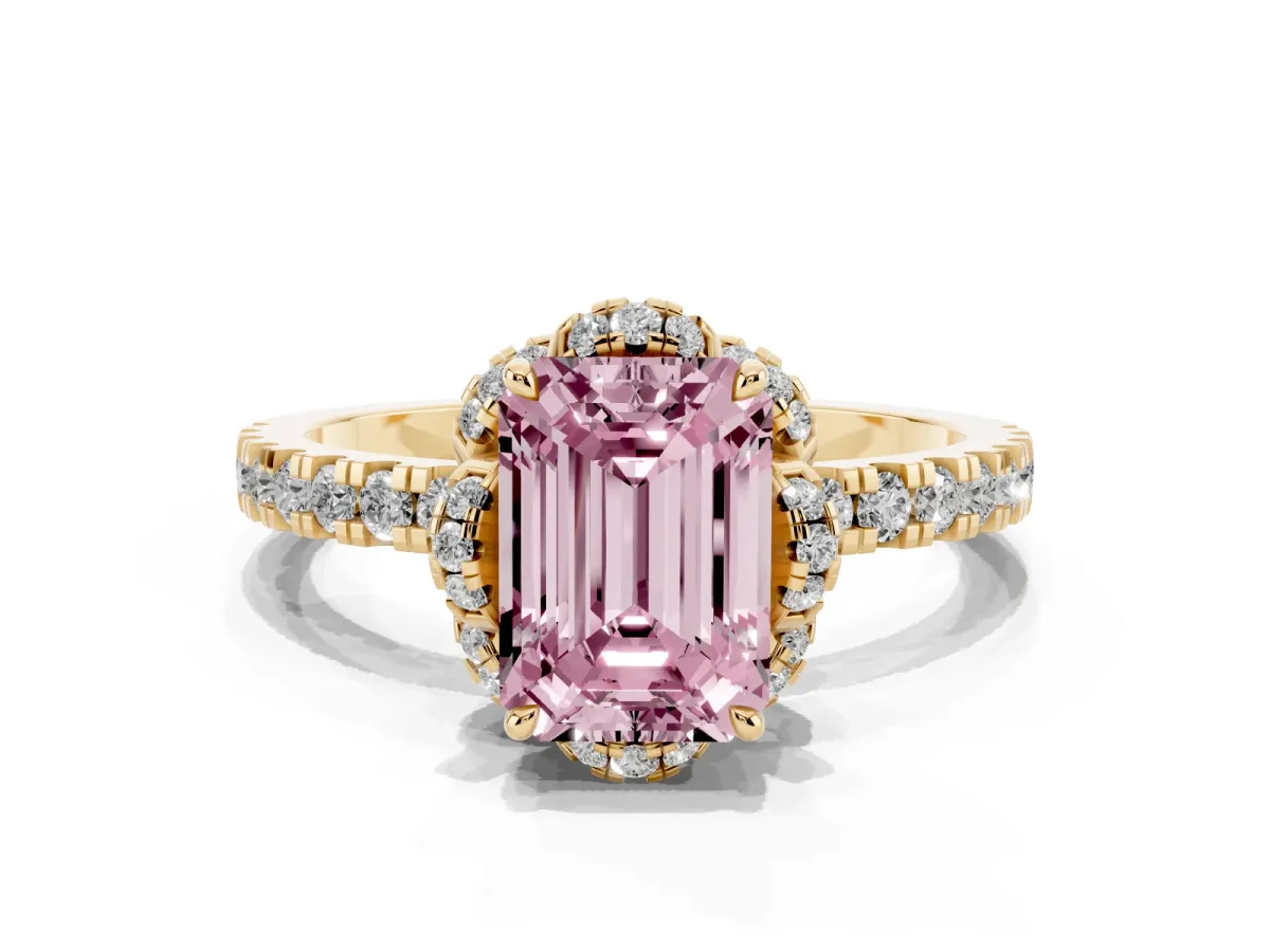 Fancy Pink Emerald Cut Diamond Halo Pave Band with Four-Prong Setting Yellow gold