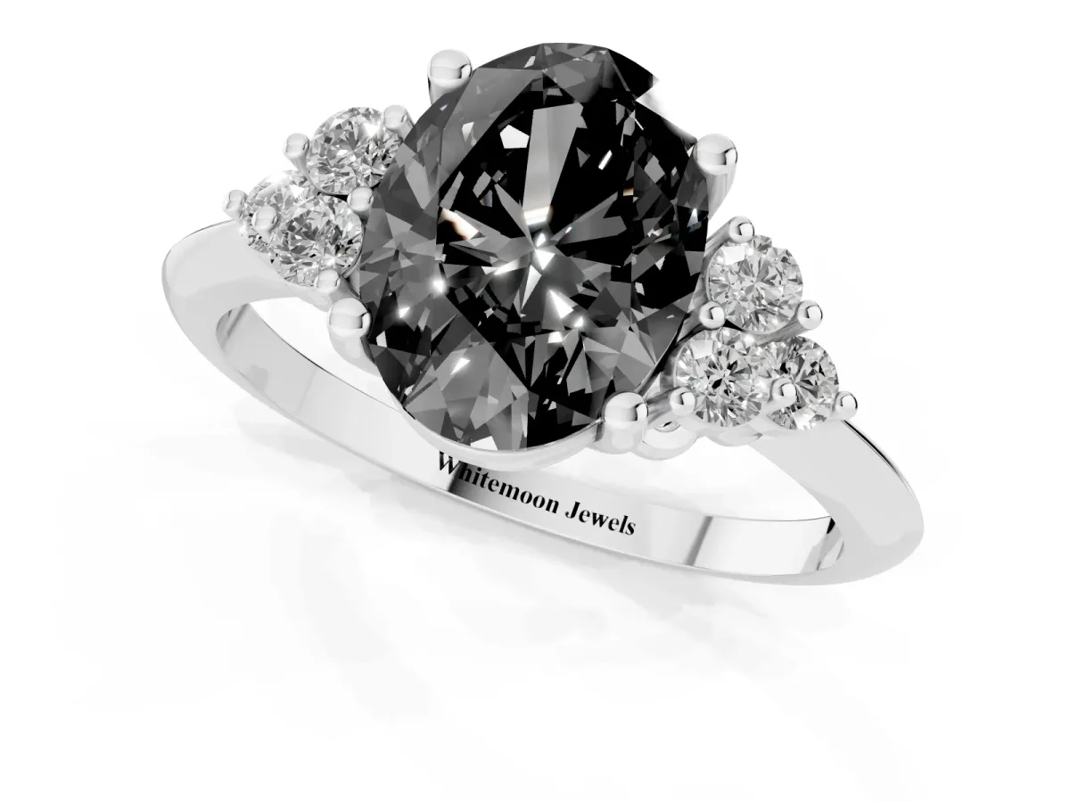 Fancy Black Oval Cut Cut Diamond Cluster Ring with Solitaire Band and Four-Prong Setting Silver