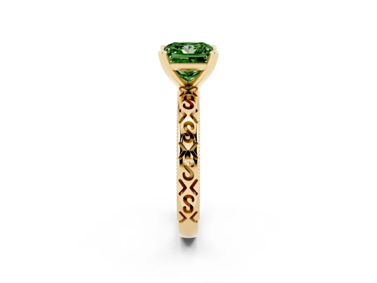 Fancy Green Princess Cut Solitaire Engagement Ring with Scrollwork Band and Four-Prong Setting Yellow gold
