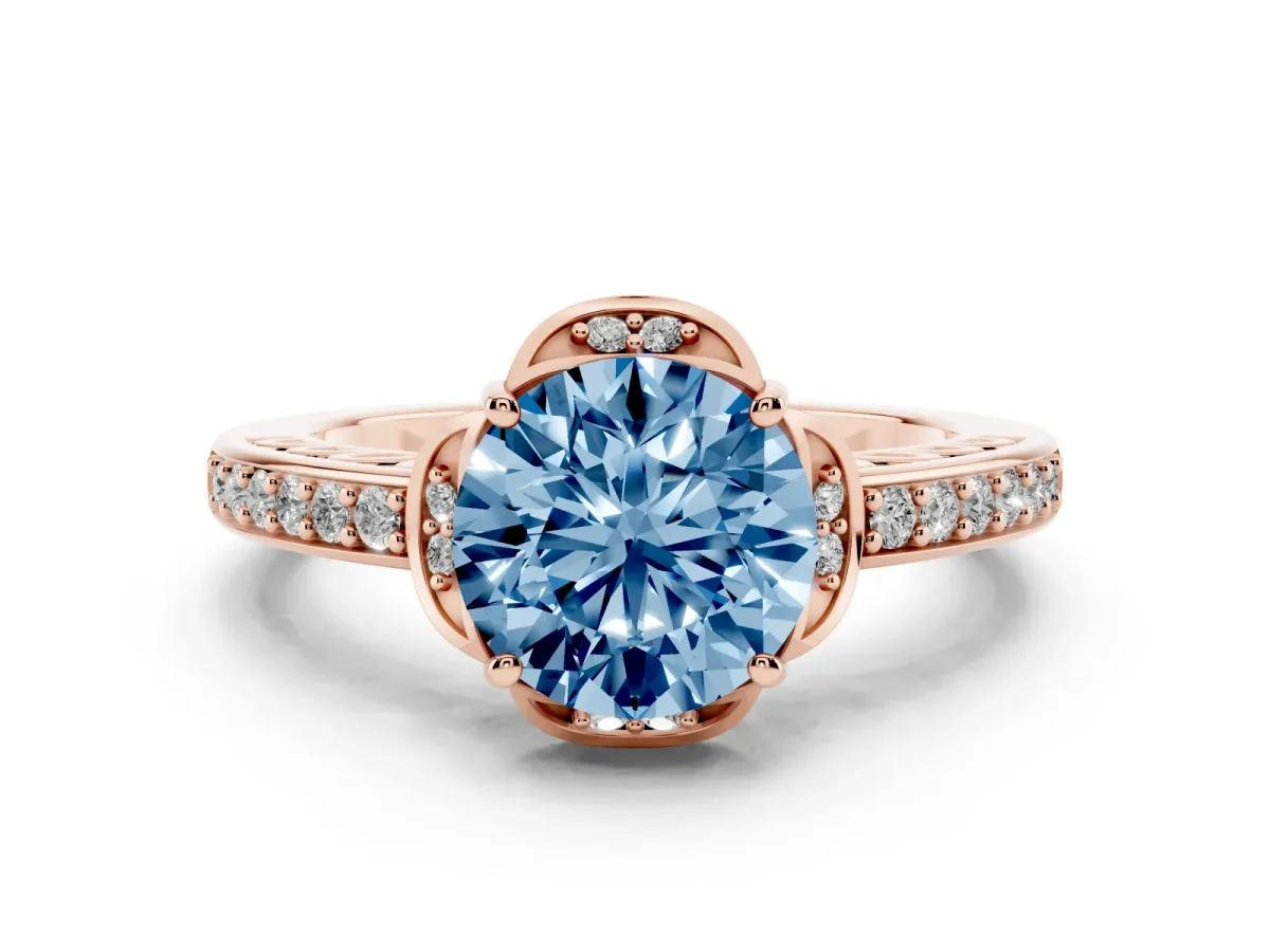 Fancy Blue Round Cut Cut Halo Diamond Ring with Channel Set Band and Four-Prong Setting Rose gold