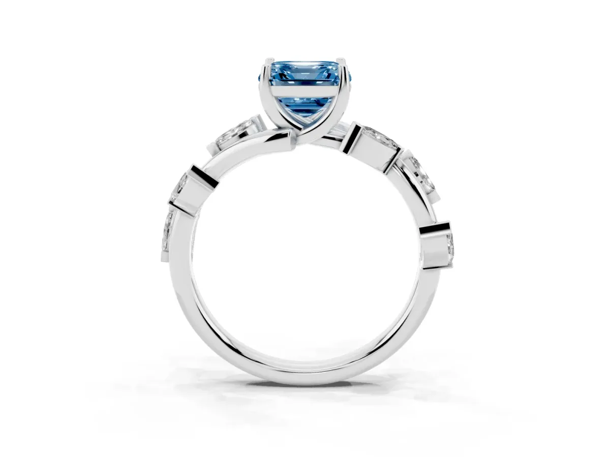 Fancy Blue Asscher Cut Solitaire Twisted Band Marquise Accent Prong Setting Ring Silver