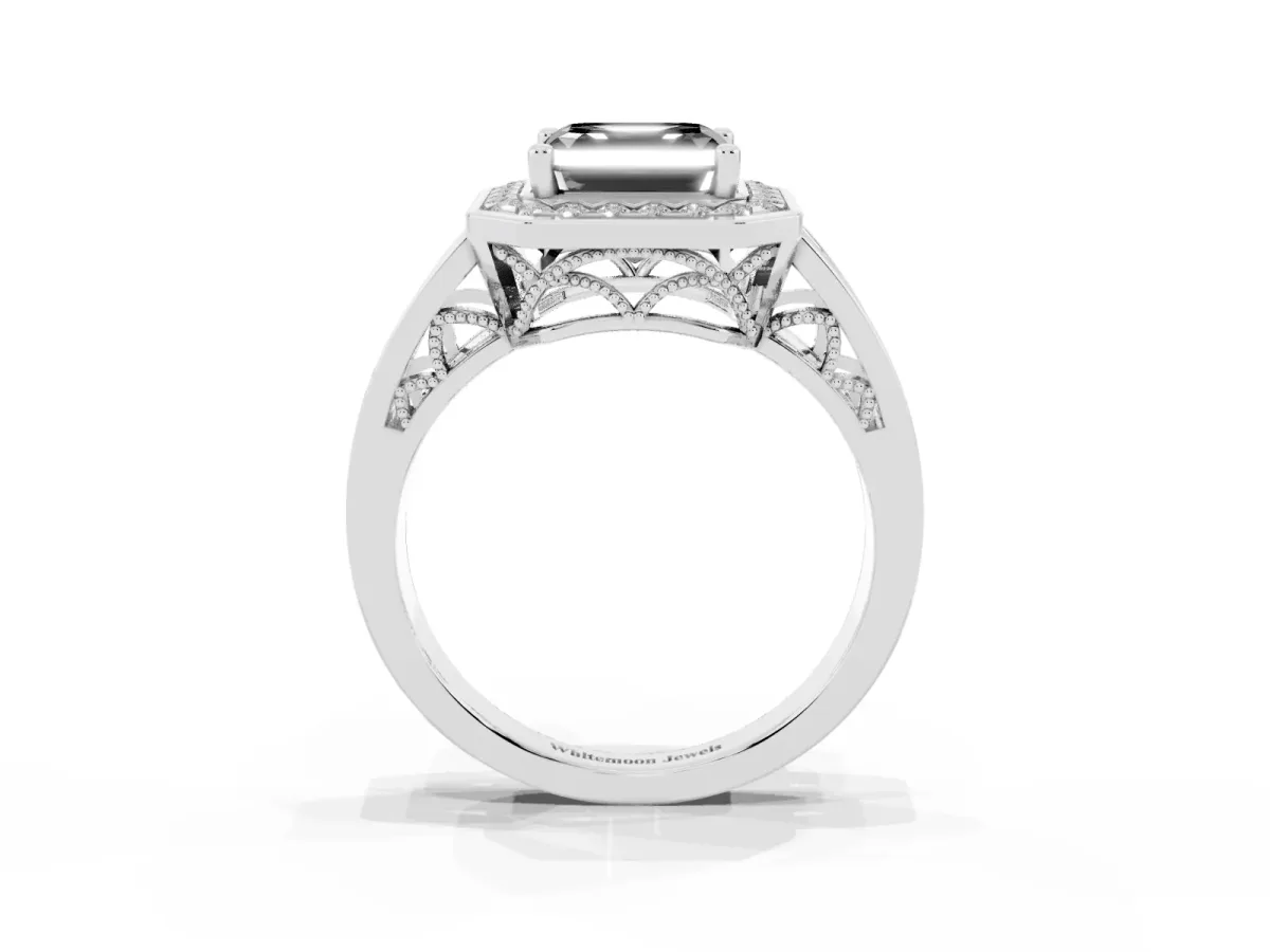 Fancy Black Asscher Cut Diamond Halo Ring with Split Shank and Bezel Accents and Prong Setting Silver