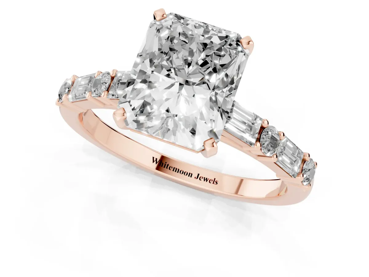 Radiant Cut Diamond Solitaire with Side Baguettes and Channel Set Band Rose gold